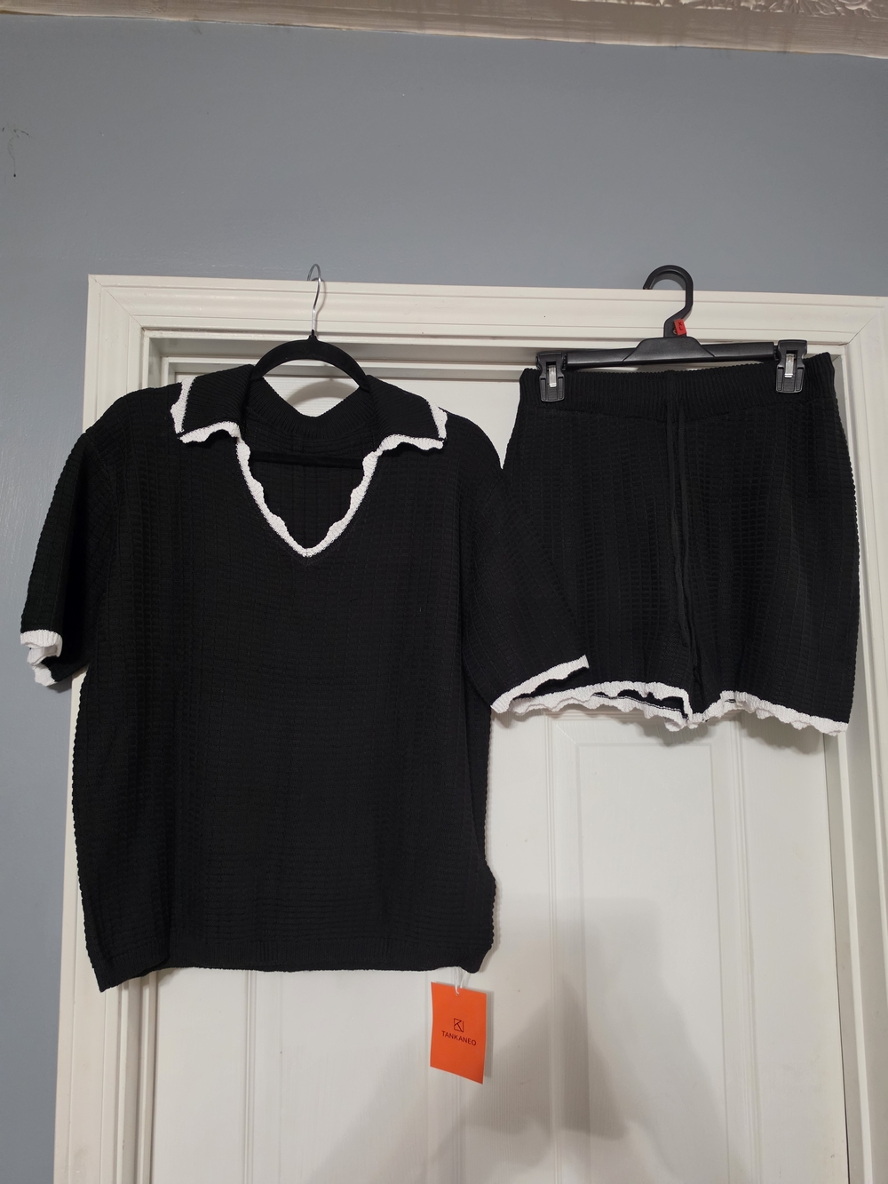 Black Knit Sweater Set with White Trim - Women's